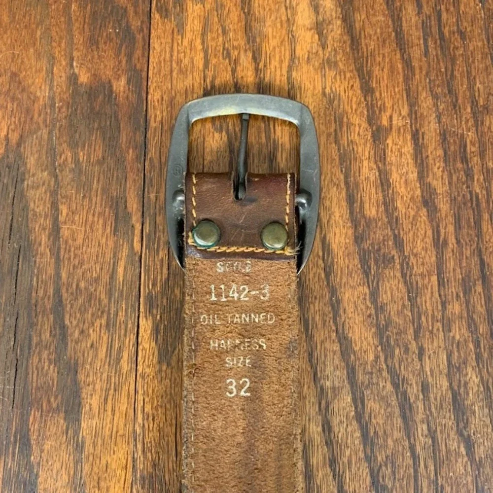 Vintage 70s Levi's Brown Belt Brass Toned Logo Buckle Oil Tanned Harness Size 32
